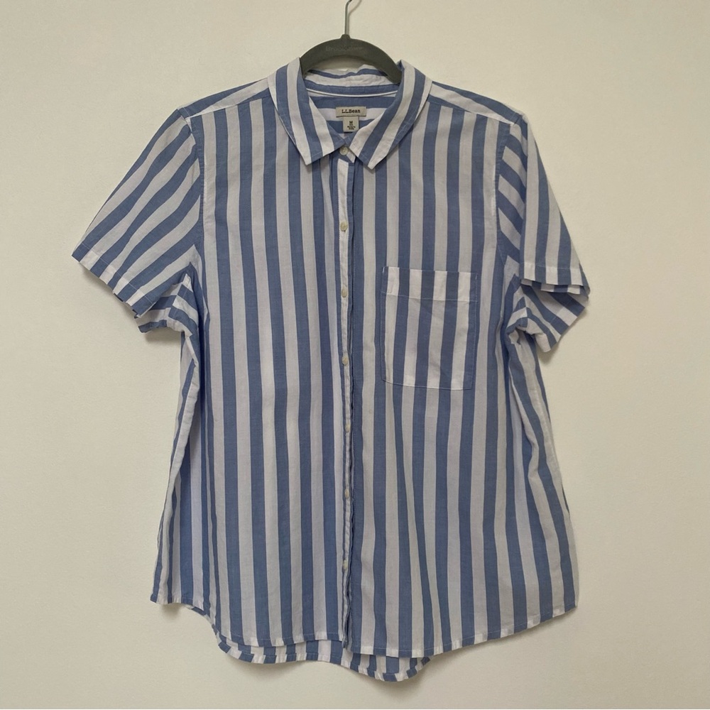 L.L. Bean Cotton Buttoned Pajama Top Medium Blue White